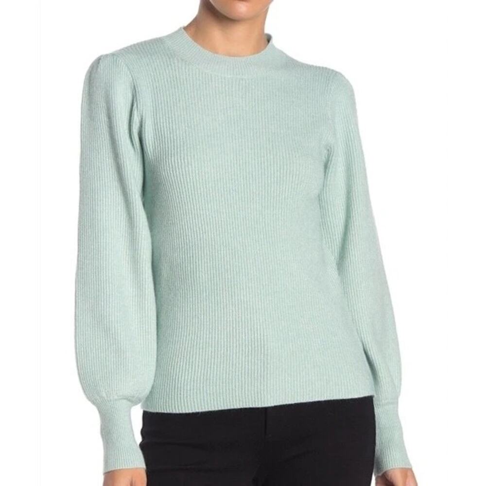 Women's S Line + Dot Ribbed Mint Light Blue Green Balloon Sleeve Sweater